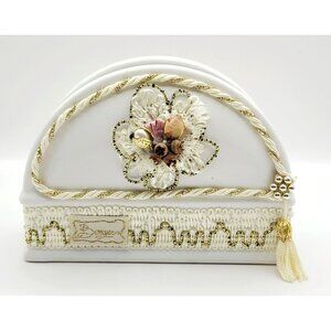 Rare Vintage Berger Italian Porcelain Napkin Holder Floral Design Gold Accents